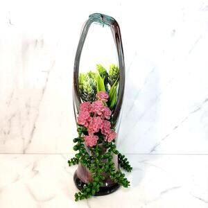 Vintage Hand-Blown Art Glass Basket Vase Swirl Purple Gray Stretched Handle